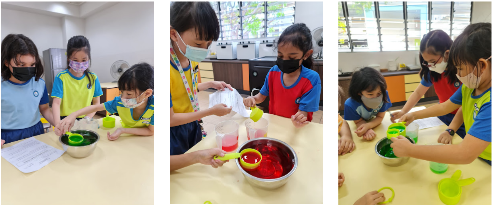 Three photos of masked children doing a science experiment with colored liquid in bowls and measuring cups.
